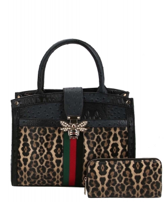 Ostrich Croc Leopard Queen Bee Stripe 2-in-1 Satchel LQ1521WPP BLACK
